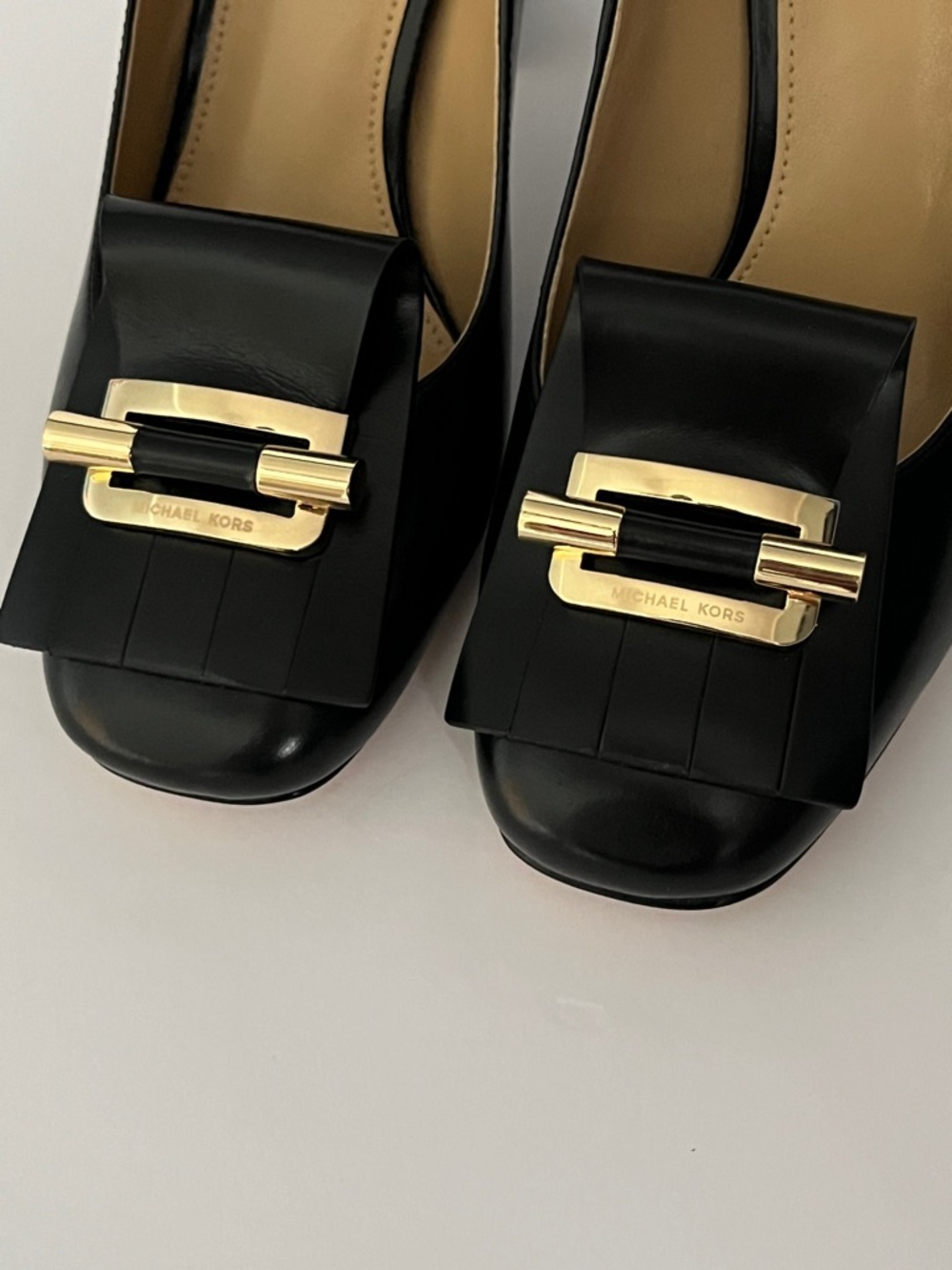 Michael Kors Gloria Kiltie Fringe Leather Pumps in Black with Gold-Tone Buckle - Picture 6 of 15